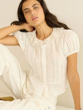Doen Ivory Swiss Dot Lace Collar Blouse